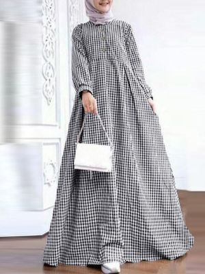 Women Grid Printed Casual Elastic Cuffs Big Swing Long Sleeve Muslim Abaya Kaftan Maxi Dress