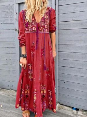 Bohemian Casual Patchwork V Neck Floral Embroidery Maxi Dress
