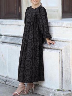 Women Vintage Print Puff Sleeve Tiered Swing Kaftan Maxi Dresses