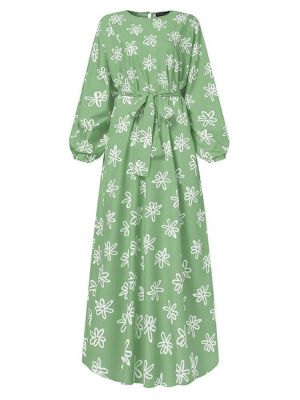Women Flower Print Lace-Up Back Button Kaftan Maxi Dress