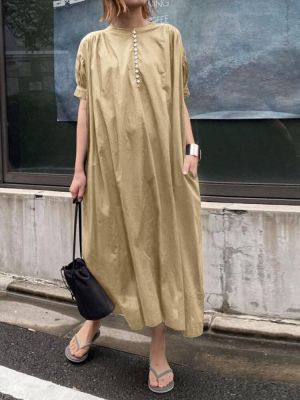 Casual Plain Puff Sleeves O-neck Pleated Solid Maxi Dress With Pocket