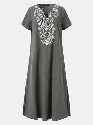 Bohemia Embroidery V-neck Short Sleeve Split Maxi Dress