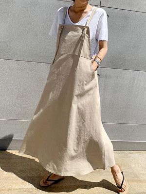 Casual Women Loose Pockets Solid Color Sleeveless Dress