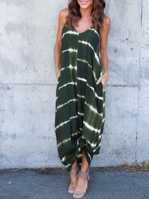 Women Holiday Striped Print V-Neck Spaghetti Straps Loose Maxi Dress with Pockets