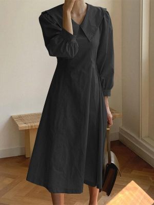 Women Solid Color Lapel Puff Sleeve Casual Maxi Dresses