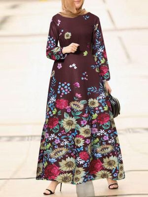 Women Floral Print Round Neck Long Sleeve Kaftan Swing Maxi Dresses