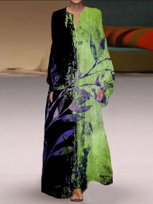 Plant Contrast Print V-neck Elastic Cuffs Casual Long Sleeve Maxi Dresses For Women