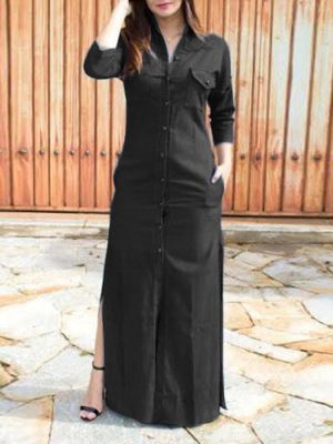 Women Stand Collar Side Split Long Sleeve Casual Shirt Maxi Dresses