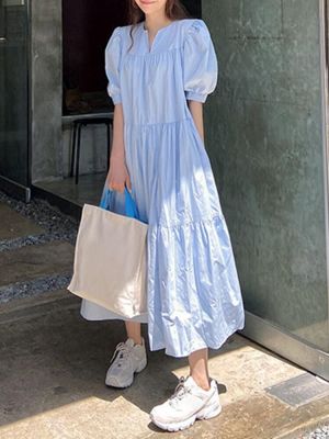 Pleated Tiered V-Neck Half Puff Sleeve Solid Color Casual Maxi Dresses For Women