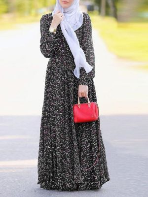 Polka Dot Print Round Neck Back Zipper Casual Long Sleeve Maxi Dresses