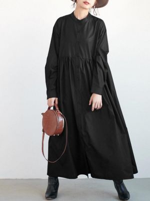 Women Button Up Pleats Long Sleeve Casual Shirt Maxi Dresses