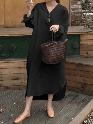 Women Solid Color V-Neck High Low Hem Long Sleeve Plain Maxi Shirt Dresses
