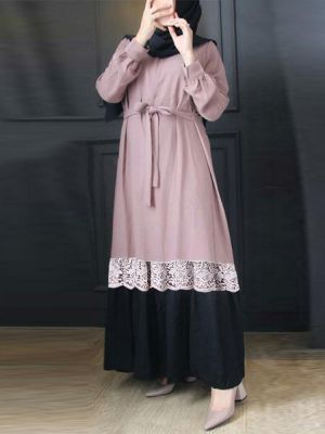Women Contrast Color Patchwork Round Neck Casual Puff Sleeve Maxi Dresses