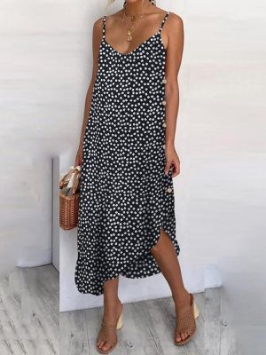 Women Sunflower Print Button Detail Holiday Casual Diagonal Hem Sling Dress