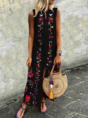 Bohemian Floral Sleeveless High Split Long Dress