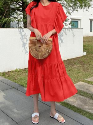 Casual Plain O-neck Ruffle Sleeve Button Pleated Maxi Dress