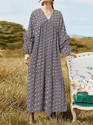 Vintage Floral Print Ruffle Puff Sleeve V-Neck Casual Daily Maxi Dress For Women