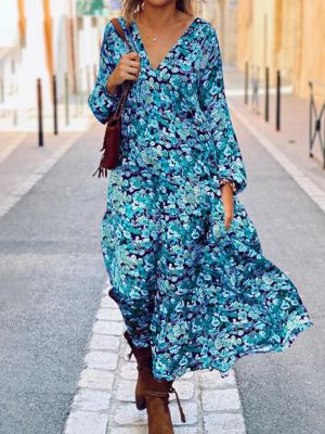 Ditsy Floral Print V-Neck Long Sleeve Loose Casual Holiday Maxi Dress For Women