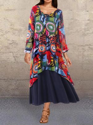 V-neck Graffiti Print Splice Contrast Color Maxi Dress