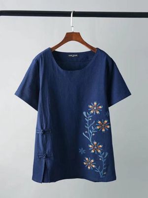 Casual Women Floral Embroidery Short Sleeve Vintage T-Shirt