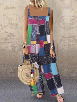 Print Contrast Color Splice Pocket Sling Wide Leg Jumpsuit