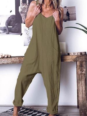 shopping מידות גדולות Solid Color Spaghetti Straps Cotton Jumpsuit with Pockets