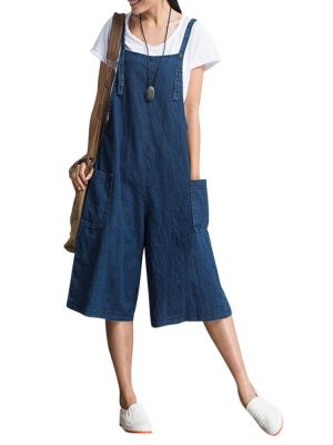 S-5XL Plus Size Women Loose Denim Blue Strap Pocket Jumpsuit Trousers