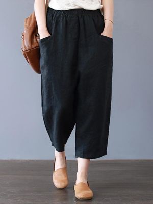 Plus Size Women Cotton Loose Harem Pants with Pockets