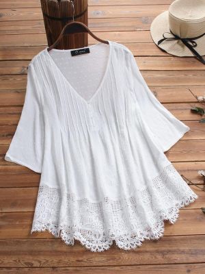 Jacquard Pleated Lace Hollow Out V-neck Plus Size Blouse