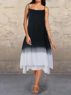 Vintage Gradient Color Pockets Straps High Low Plus Size Maxi Dress