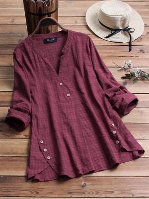Vintage Plaid Side Button V-neck Long Sleeve Plus Size Shirt Blouse