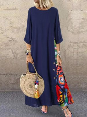 Print Splice Contrast Color Long Sleeve Vintage Dress