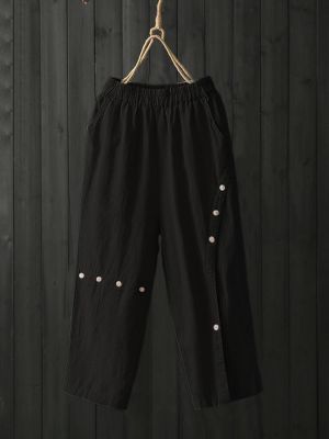 Solid Color Button Elastic Waist Plus Size Pants