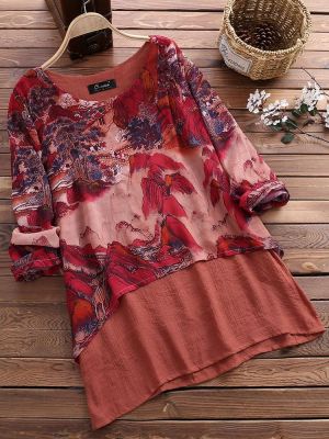 Vintage Chiffon Print Patchwork Plus Size Blouse for Women