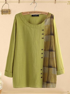 Button Plaid Patchwork Long Sleeve Plus Size Cotton Blouse