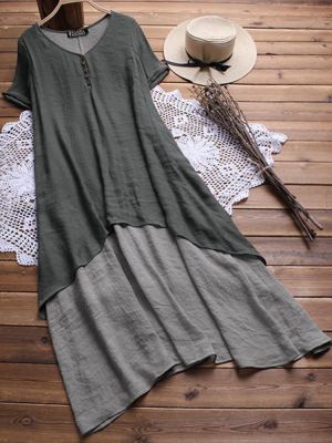 Plus Size V-neck Short Sleeves Double Layers Patchwork Maxi Dress