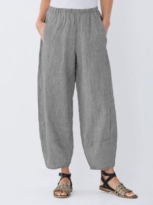Women Elastic Waist Stripe Cotton Baggy Pants with Pockets