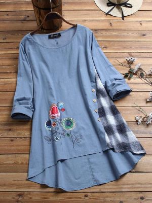 Flowers Print Patchwork Asymmetrical Plus Size T-shirts