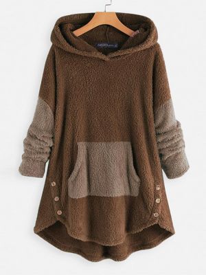 Women Contrast Color Splice Irregular Hem Hooded Fleece Sweatshirt Coats