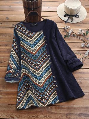 Ethnic Stripe Print Corduroy Patchwork Long Sleeve Vintage Blouse