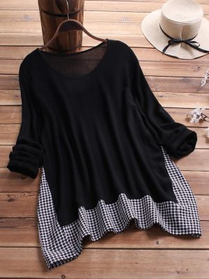 Vintage Patchwork Plaid Long Sleeve Plus Size Blouse