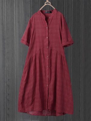 Vintage Plaid Button Short Sleeve Loose Plus Size Dress with Pockets