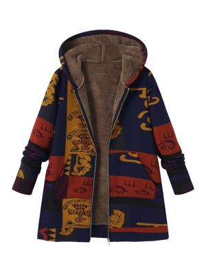 Women Ethnic Floral Printed Hooded Pockets Jackets Coats