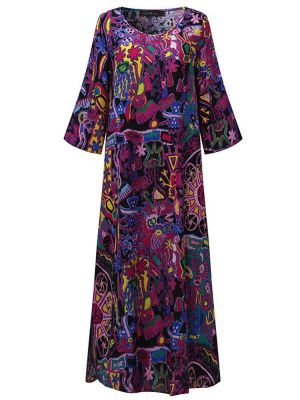 Casual Women Floral Printed Loose 3/4 Sleeves O-Neck Dress