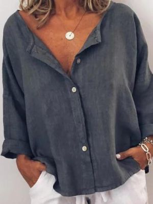 Women Casual V-neck Long Sleeve Button Solid Color Blouse