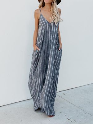 S-5XL Women Casual Spaghetti Straps Striped Cotton Long Maxi Dress