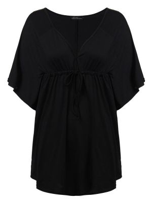 Sexy Women Bat Sleeve Deep V-Neck Drawstring Irregular T-Shirt