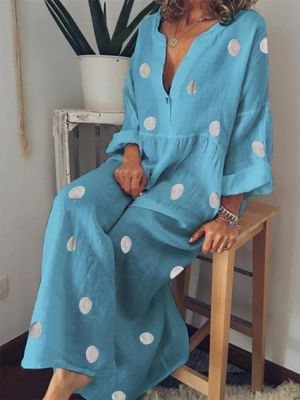 Plus Size Bohemian V-neck Polka Dots Women Maxi Dress