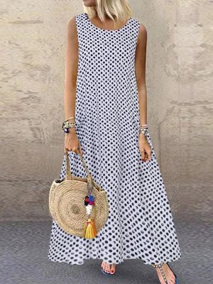 Casual Polka Dot Print Sleeveless Plus Size Dress with Pockets