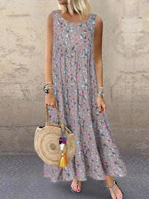 Bohemian Floral Print Sleeveless Plus Size Maxi Dress